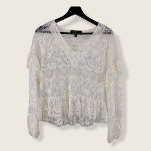 Lulus Racing Hearts Lace Long Sleeve Lace V Neck Shirt Medium